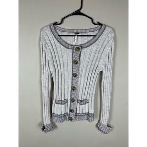 Free People Ribbed Button-Up Cardigan in Light Gray with Heathered Trim
